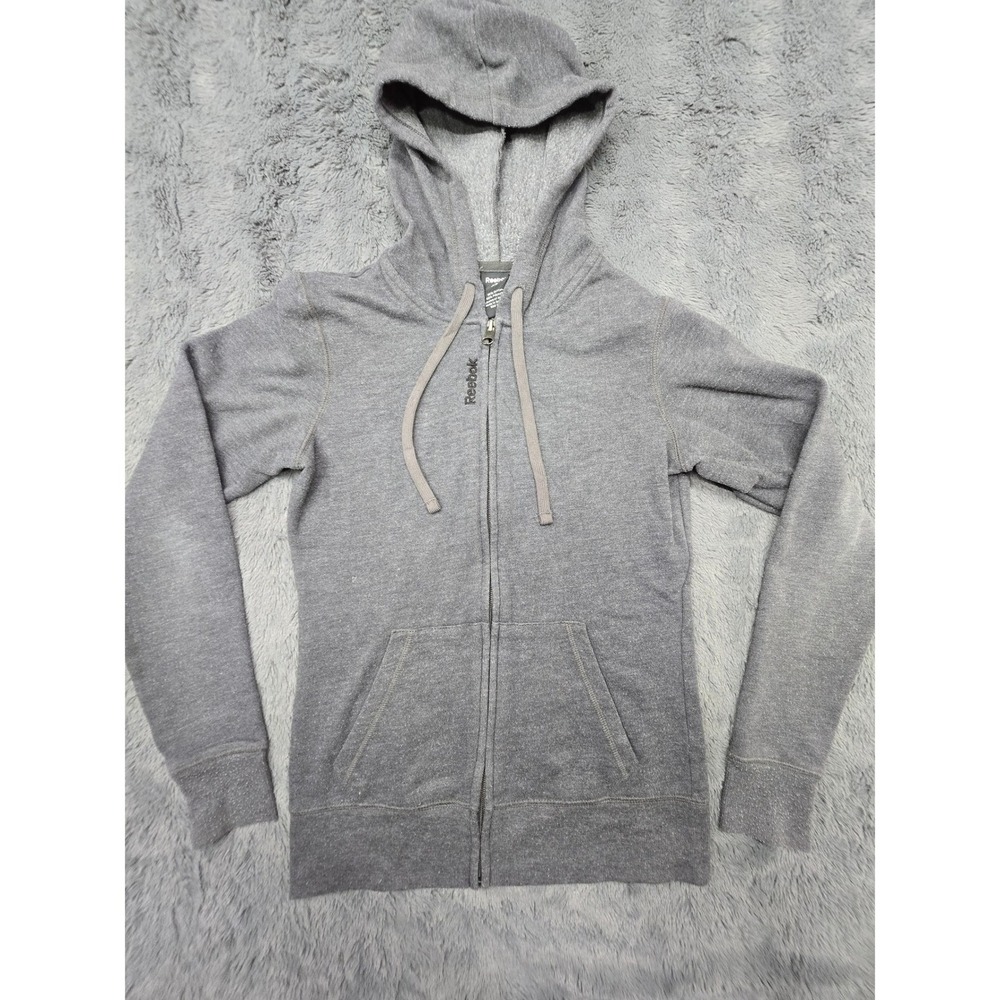 Reebok Womens XS Full Zip Hoodie Heather Gray Fleece Sweatshirt Embroidered Logo